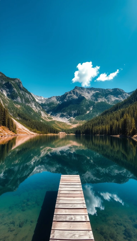 A clear, reflective mountain lake surrounded by lush pine forests and towering peaks.