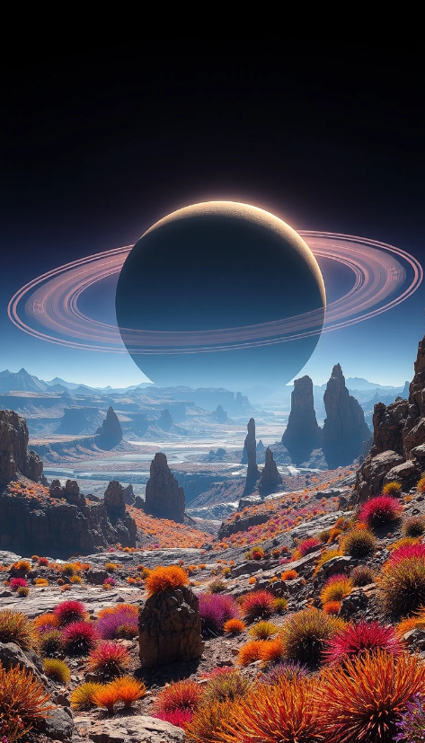 A dramatic landscape on an exoplanet with a breathtaking view of a ringed gas giant in the sky. The planet’s surface is rugged and alien, with strange rock formations and vibrant, otherworldly vegetation. The rings of the gas giant cast colorful shadows and reflections, creating a surreal and captivating environment.