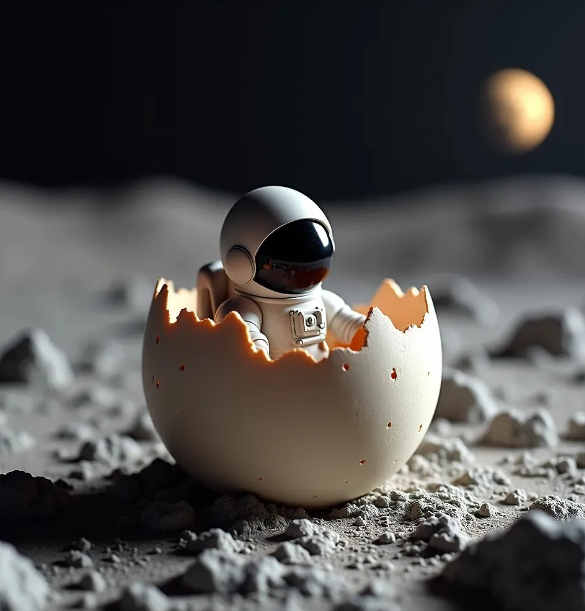 a tiny astronaut hatching from an egg on the moon