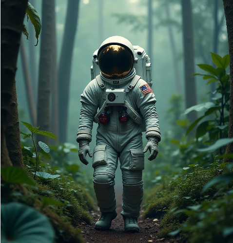 Astronaut in a jungle, cold color palette, muted colors, very detailed, sharp focus