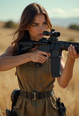 A beautiful Israeli woman, in a military dress, with a modern rifle in her hands, aiming to shoot