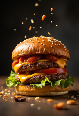 A burger falling in pieces juicy, tasty, hot, promotional photo, intricate details, hdr, cinematic, adobe lightroom, highly detailed