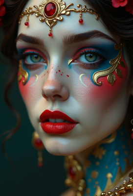 beautiful red, blue and gold makeup on a woman, in the style of venetian scenes, hyperrealistic sculptures, dark teal and white, aurorapunk --ar 1:2 --stylize 750 --v 6