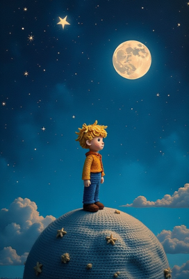 the little prince standing on small planet in starry sky, by saint exupery, crocheted style